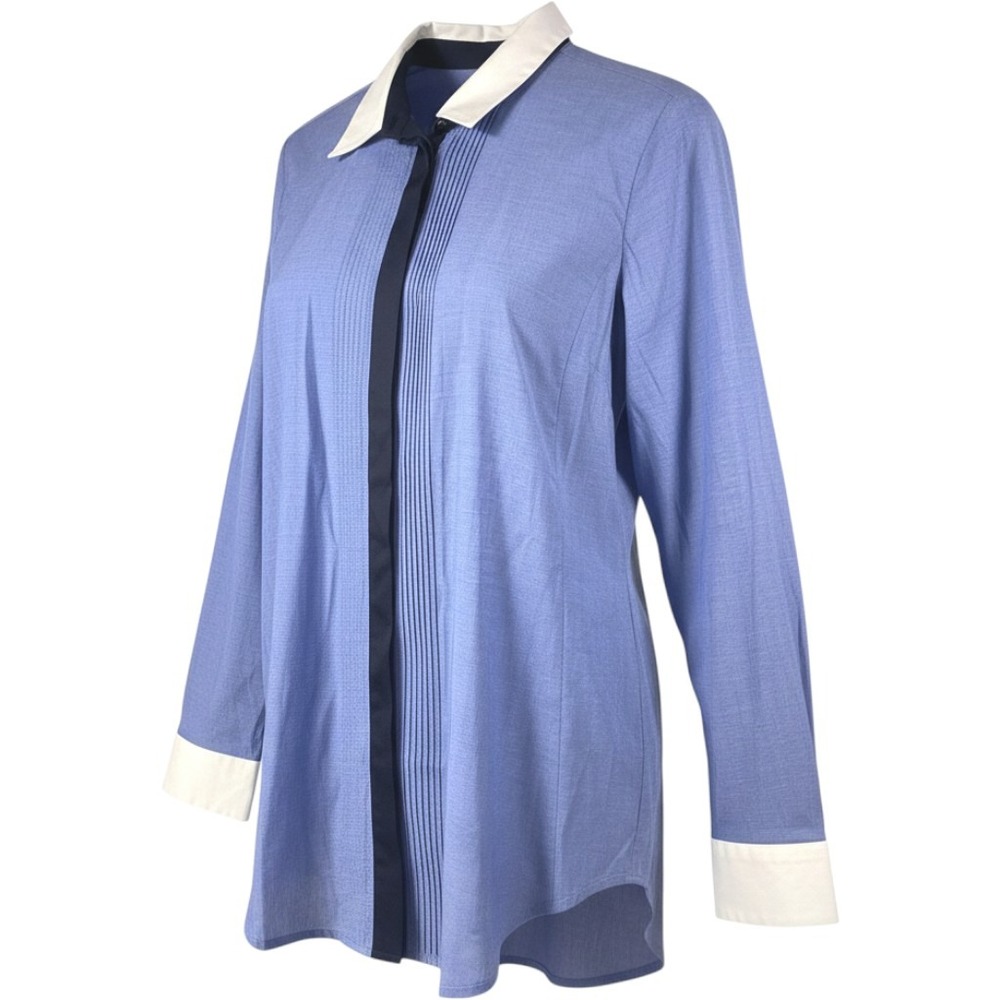 Ann Taylor Pintuck Perfect Shirt Navy Blue White Contrast Collar Womens Medium